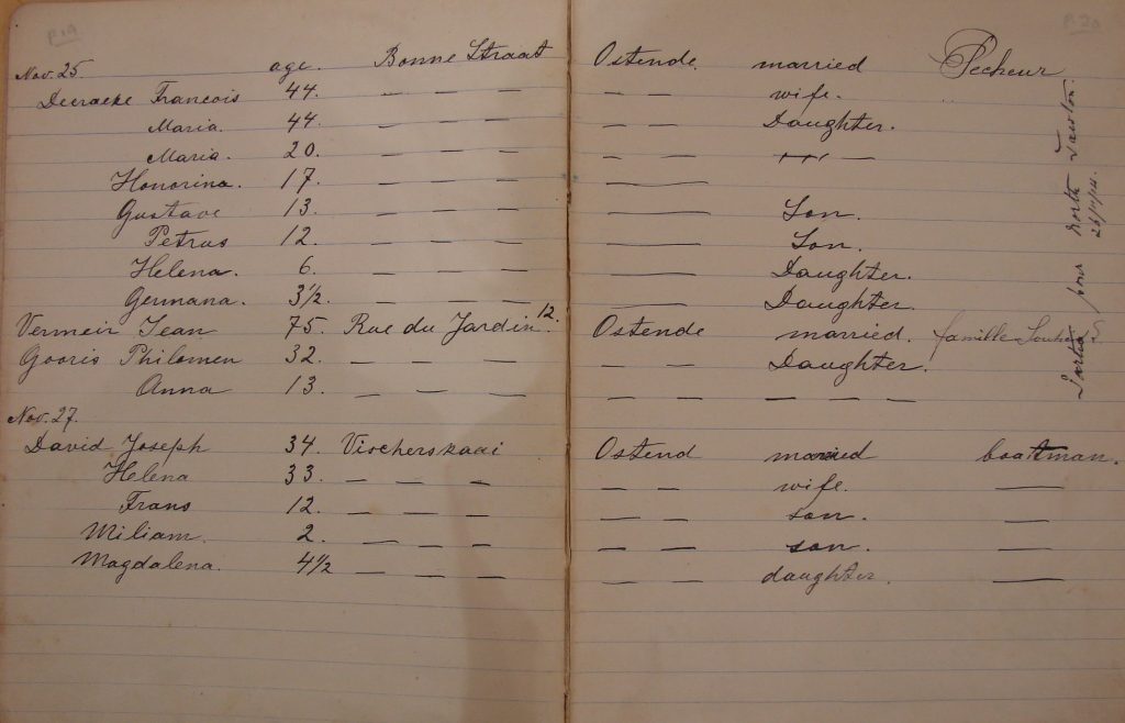 A photograph of a historical document: Alice Clapp's logbook, recording the names of Belgian refugees accommodated in North Tawton during the First World War. The names are written in curling handwriting, and record names, ages, familial status and addresses of origin for the refugees. 