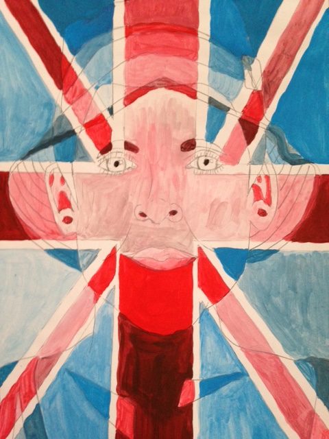 A hand-crafted painting, in which a Union Jack flag is overlaid on a background image of a face, looking out directly at the viewer. The person in the picture appears to be wearing a hat, and is pictured from between the bottom of their collarbone at the bottom of the picture and just above the top of their head at the top of the picture. 