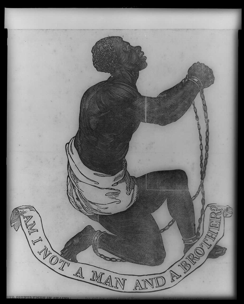 Woodcut illustration of a male slave in chains. Image courtesy of Library of Congress Rare Book and Special Collections Division, Washington, D.C.